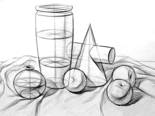 苹果和陶罐结构素描