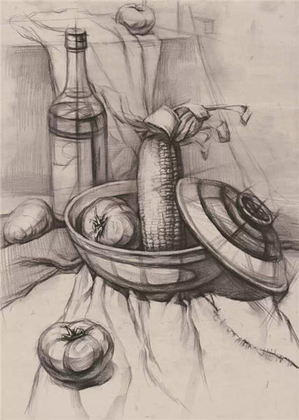 素描玫瑰花 花瓶 盘子 水果