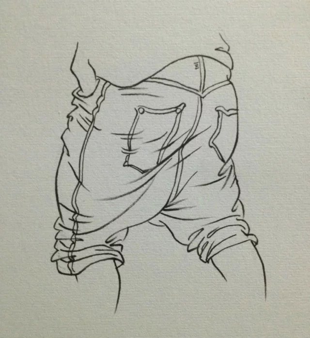 画一个关于如何画衣服、裤子和裤子褶的教程。