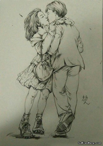 接吻的情侣素描速写图片画
