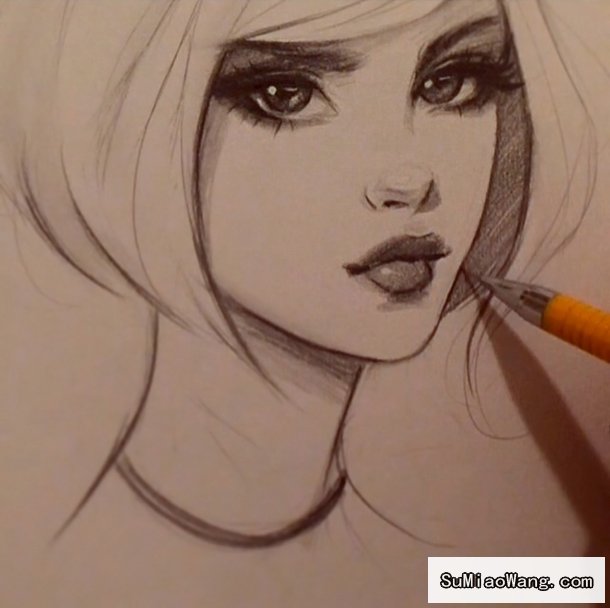 非常可爱的女孩 漂亮的嘴唇铅笔素描手绘