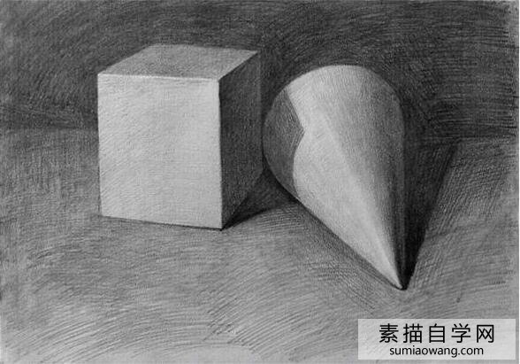 正方体、圆锥体石膏几何体素描画