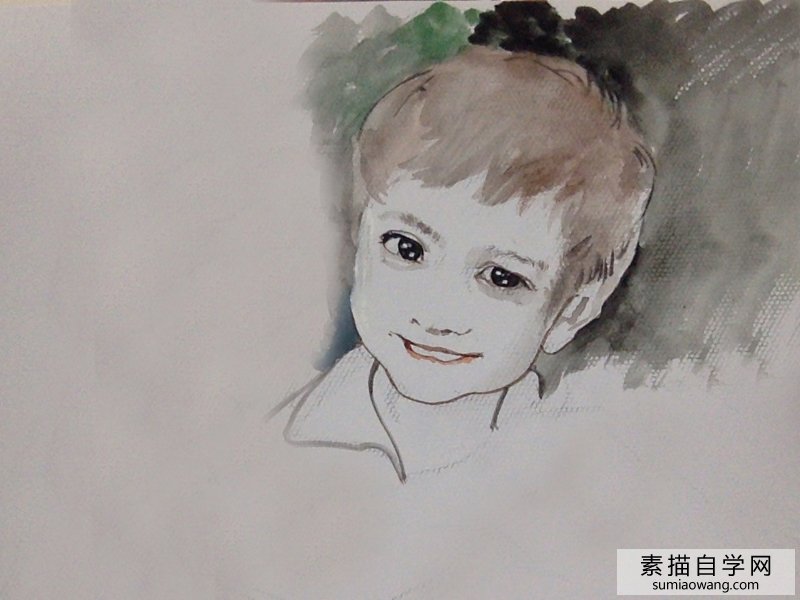 微笑的小男孩水彩画