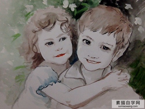 拥抱的孩子 儿童水彩画