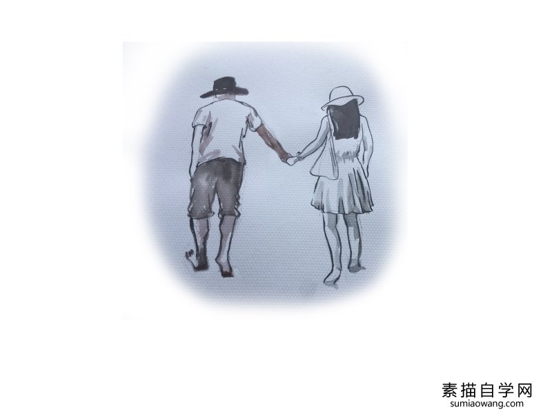 牵手的情侣水彩画