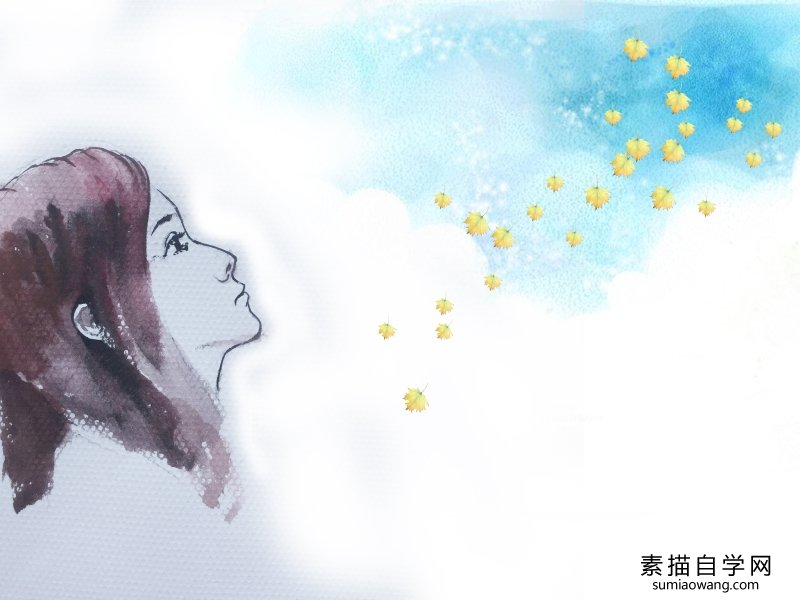 女青年侧面 天空水彩画