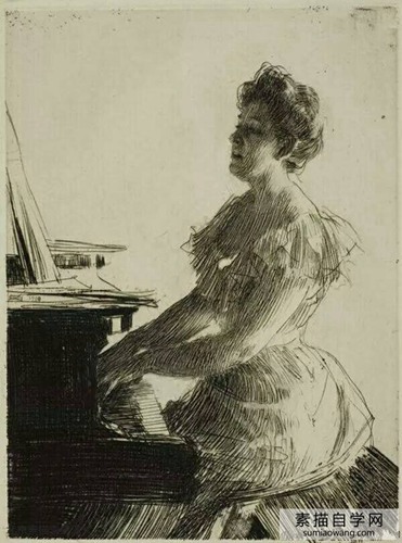 大师佐恩素描弹钢琴的女人