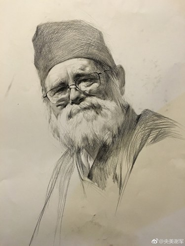戴眼镜长胡子的老人素描头像