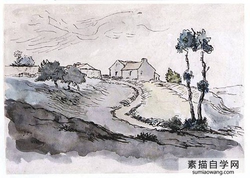 米勒风景素描：维希附近的风景
