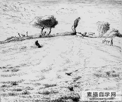 米勒风景素描远景