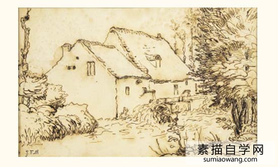 米勒风景素描水磨坊