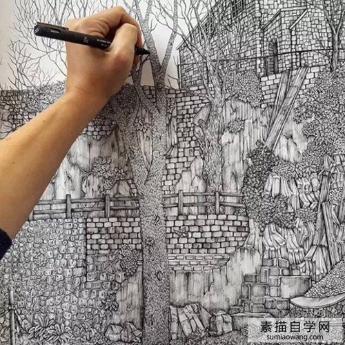 城市建筑大型绘画奥莉维亚·坎普的超细针笔素描