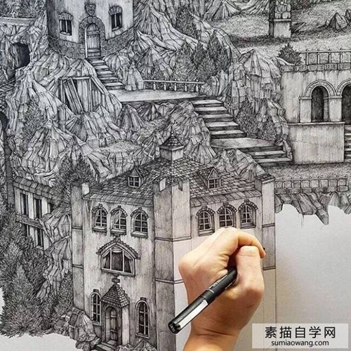 超细腻的针管笔素描画 城市建筑大幅绘画