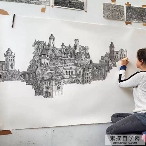 超细腻的针管笔素描画 城市建筑大幅绘画