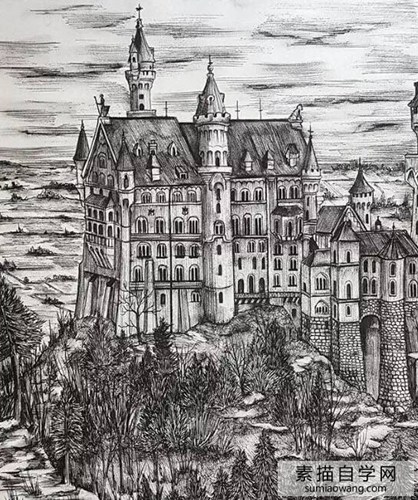 超细腻的针管笔素描画 城市建筑大幅绘画