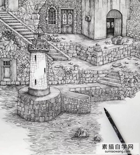 超细腻的针管笔素描画 城市建筑大幅绘画