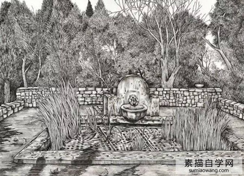 超细腻的针管笔素描画 城市建筑大幅绘画