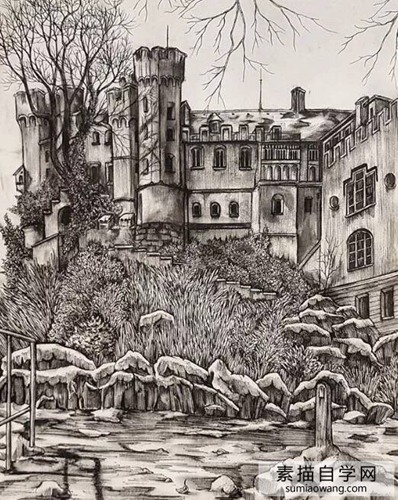 超细腻的针管笔素描画 城市建筑大幅绘画