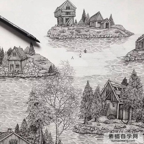 超细腻的针管笔素描画 城市建筑大幅绘画