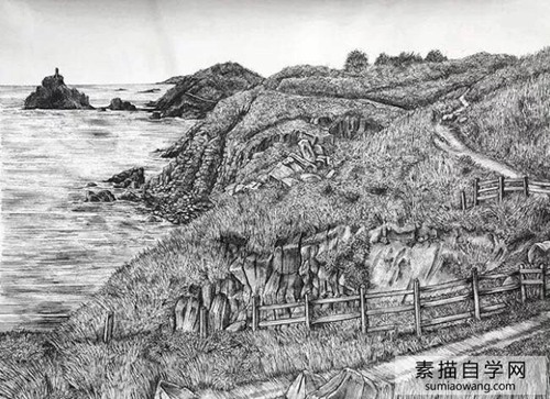 超细腻的针管笔素描画 城市建筑大幅绘画