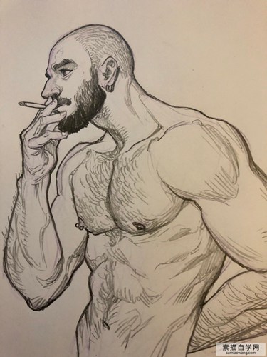 吸烟的肌肉男素描画