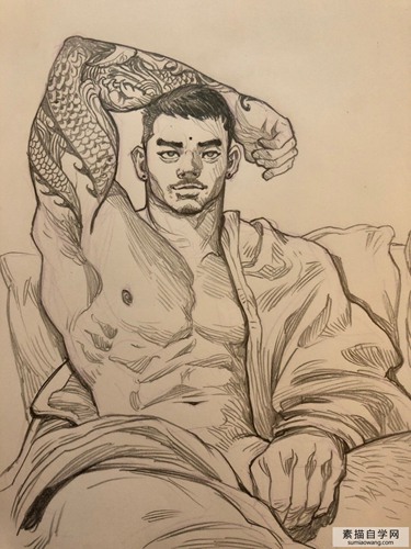 纹身的肌肉男素描绘画作品