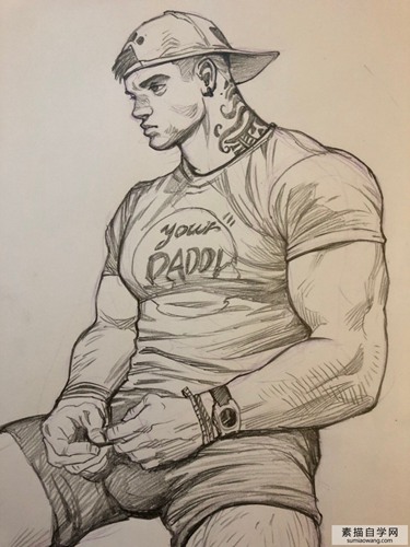 纹身的肌肉男素描绘画作品