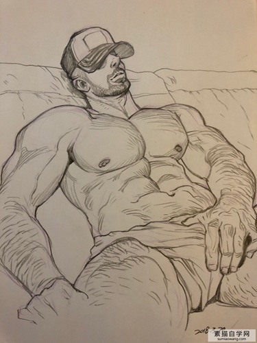 纹身的肌肉男素描绘画作品