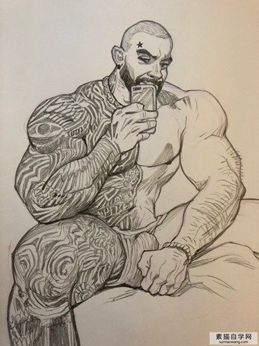 纹身的男人素描画