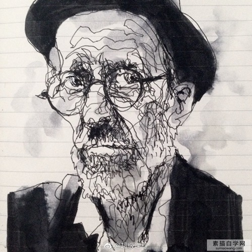 戴眼镜的老人素描头像