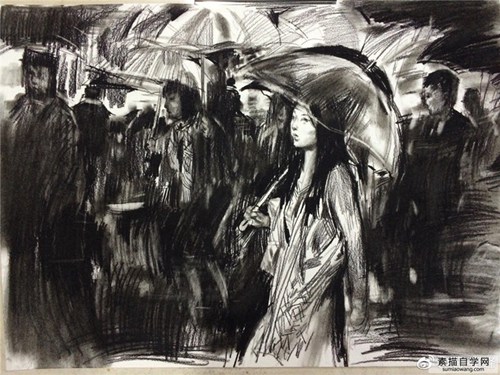 雨巷里拿着伞的女孩勾勒了四川美术学院的试题。