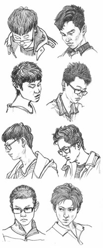 各种低头的男生发型速写