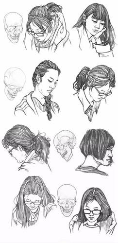 62个不同角度的人物头发速写画法教程