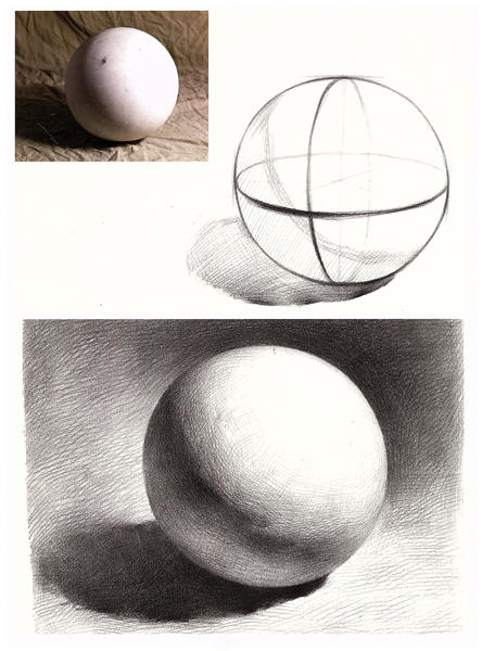 球体照片与草图相比较，新手复制照片。