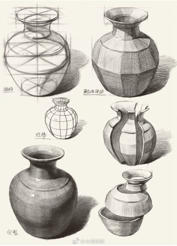 素描的静物:罐子结构块的分解与绘制