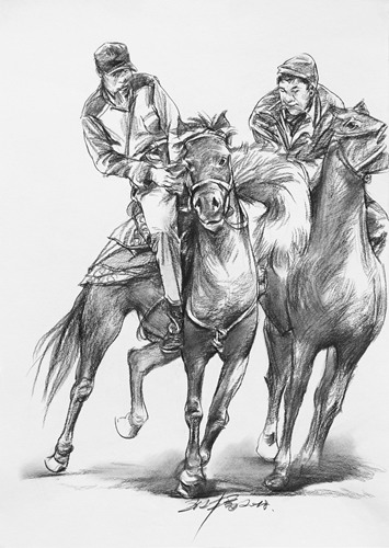 骑马的蒙古人素描画速写作品