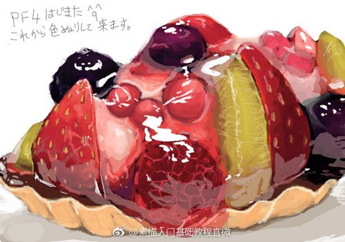 美丽水果蛋糕逼真彩色铅画橙色草莓樱桃彩色铅画