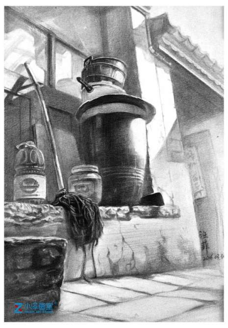 门前一角 场景素描画