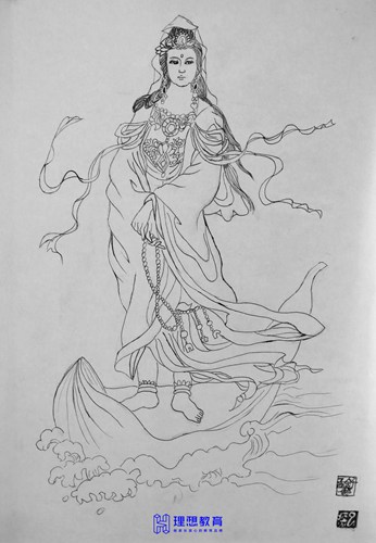 观音菩萨白描绘画作品