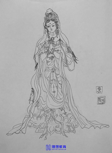 观音菩萨白描绘画作品