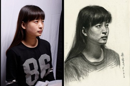 女模特与素描头像完成对比图：长发女青年，三分之一侧面，平视角
